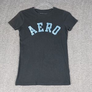 AEROPOSTALE WOMENS Y2K BLACK BLUE VELVET LOGO SPELLOUT SHORT SLEEVE TSHIRT SZ S